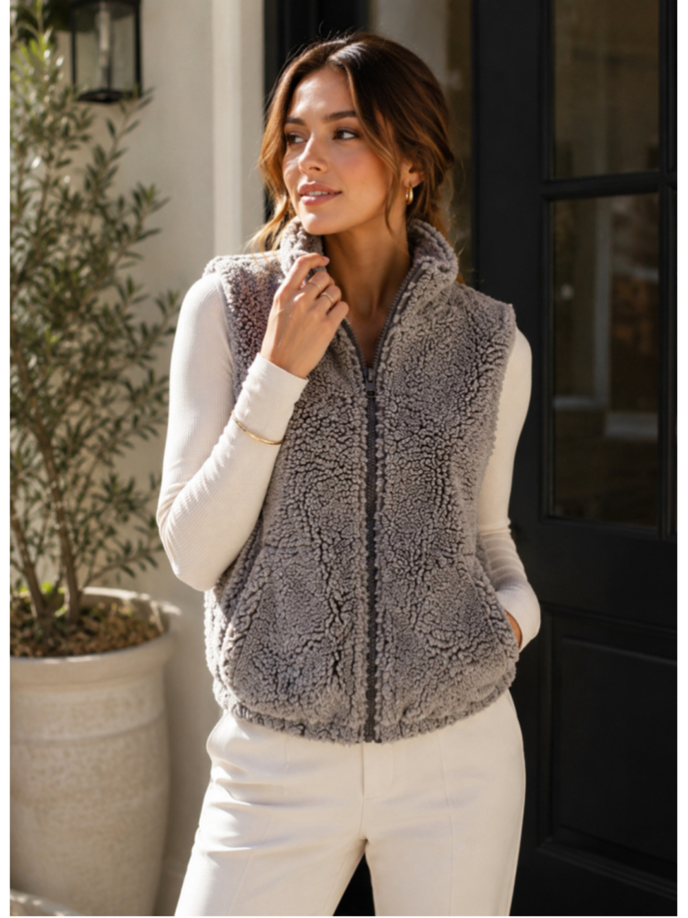 Harper Heritage Sherpa Fleece Vest Gray Snap Front Zip Pocket Cozy Size Small